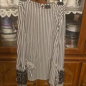 Black and White Striped Blouse with Lace Cuffs